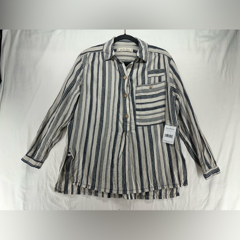 Free People Summer Breeze Stripe Popover Shirt Linen‎ Blend Long Sleeve Size XS